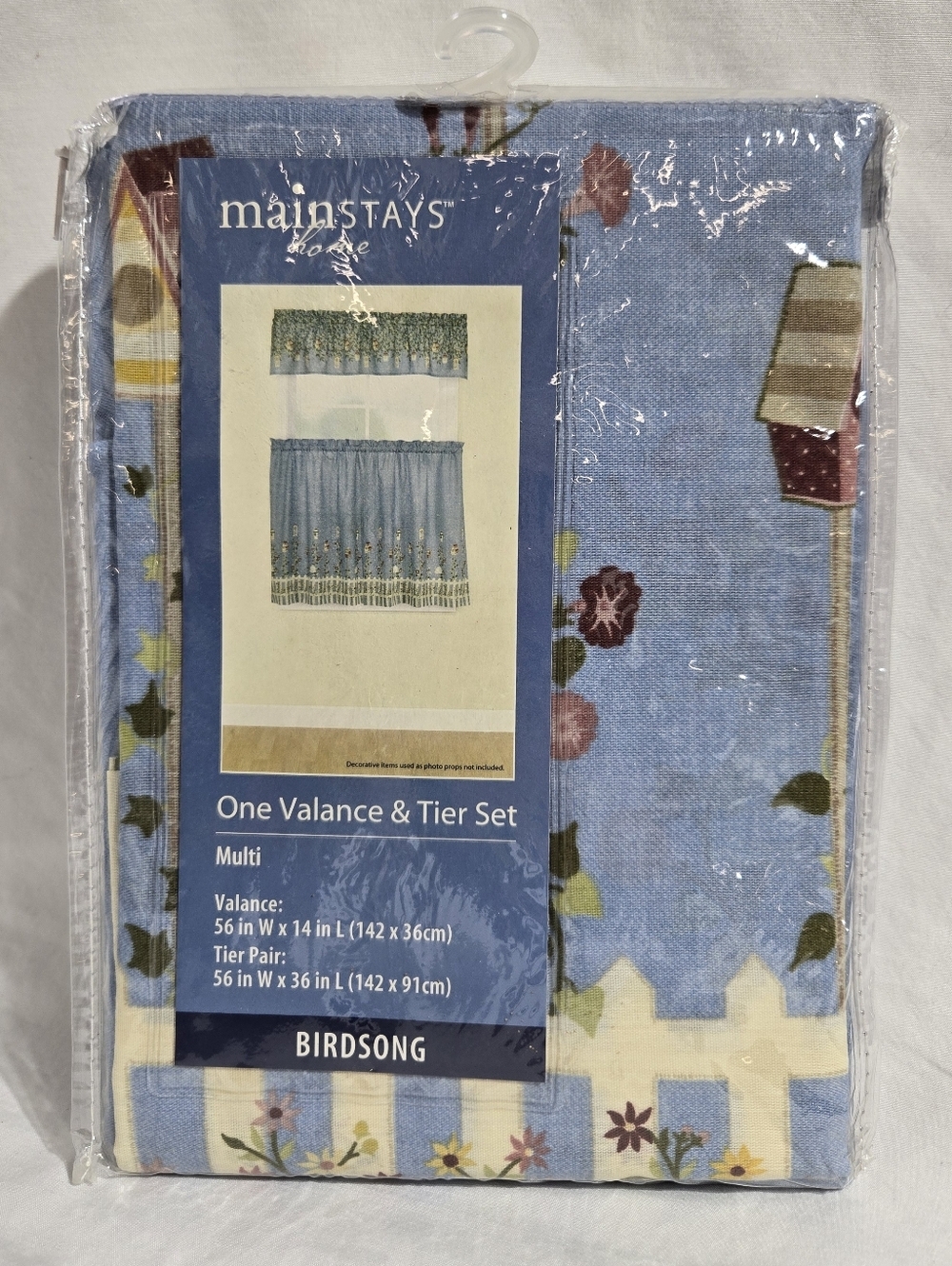 NWT Mainstays Birdsong Kitchen Curtain Valance & Tier Set Light Blue Cottagecore
